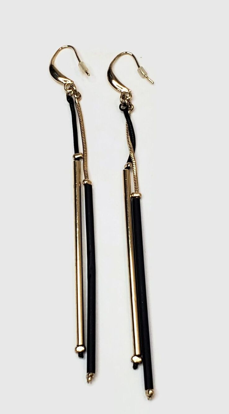 Black & Gold Tone Snake Chain Bugle Bead Earrings Long 4.25"